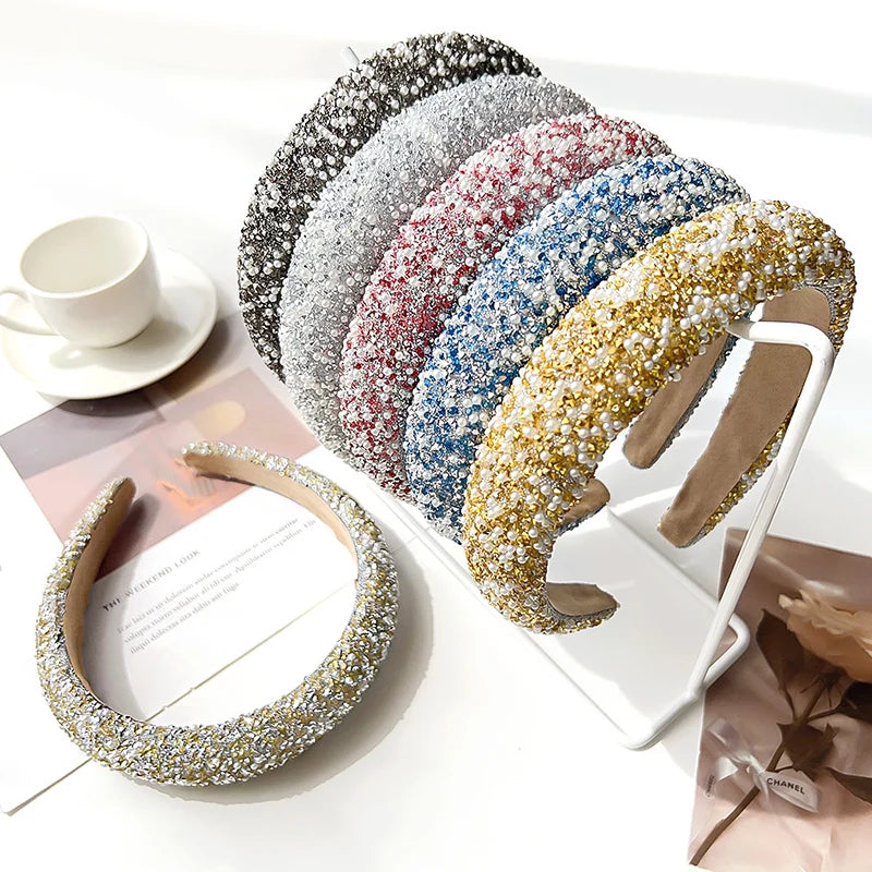 3cm Full Rhinestone Pearls Headbands for Girl Sponge Filled Puffy Hairbands Bling Bling Hair Hoops Accessories for Women