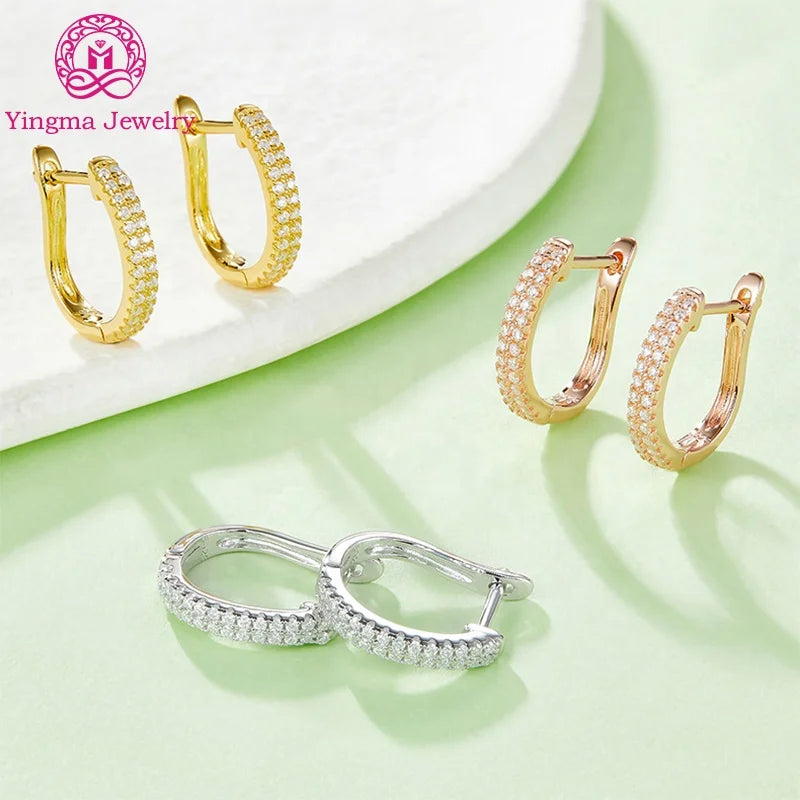 Two-Row Moissanite Stones Ear Stud Earrings Diamond Huggie in White/Rose/Yellow Gold Plating 925 Silver-Luxury Jewelry