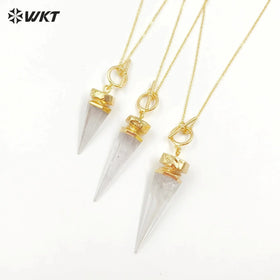 WT-N1463 Wholesale Fashion 18K Real Gold Plated Natural Crystal Quartz Point Energy Healing Bullet Stone Necklace