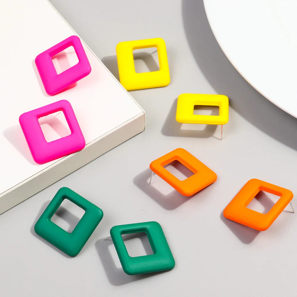 Special Designer Creative Hollow Geometric Square Macaron Colorful Personality Frosted Acrylic Stud Earrings JEWELRY for Women