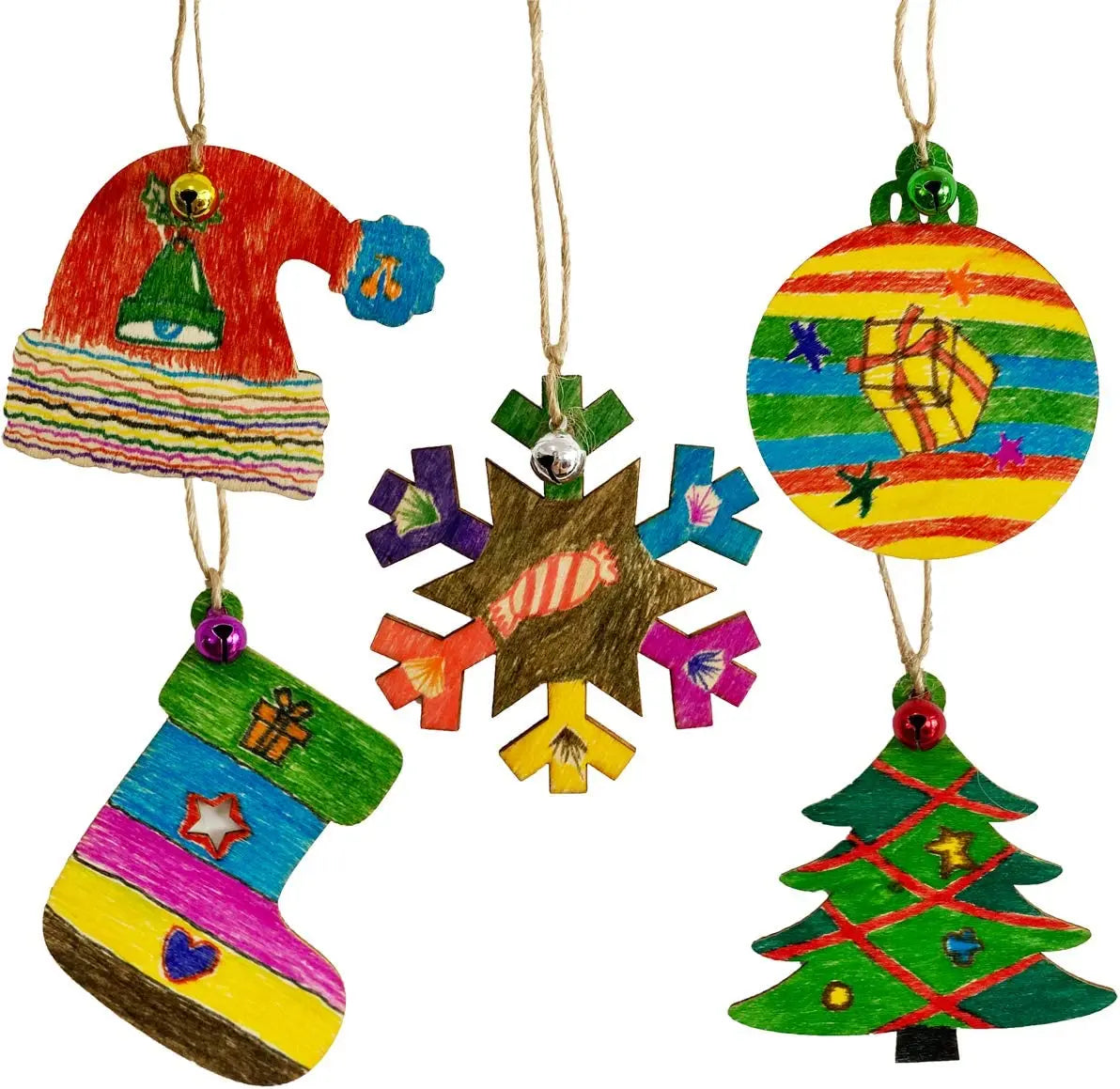 Christmas 50pcs/5 Designs Unfinished Wooden Hanging Ornaments Children DIY Colorful Painted Hanging Decorations for Christmas
