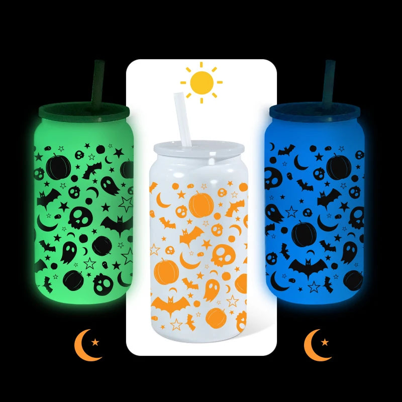 Wholesale White to Green Glow in Dark Luminous Paint Sublimation Blanks 16oz Soda Can Tumblers with Straw and Plastic Lids