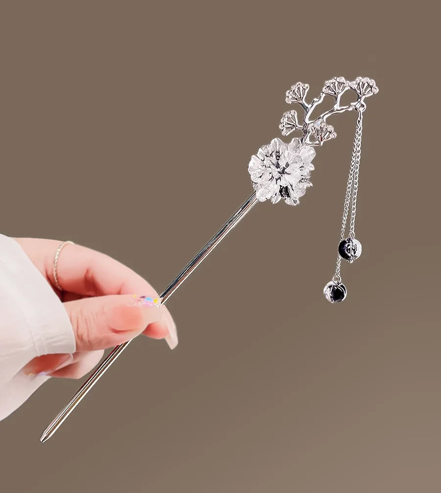 Chinese Style Ink Blossom Flower Tree Tassel Metal Hair Sticks Chopsticks Hair Hairpin Hanfu Shake Headwear Hair Accessories