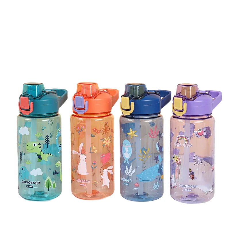 600Ml Kids Sippy Cup Water Bottles Creative Cartoon Special Anti-falling Water Bottle for School in Summer Portable Water Cup