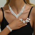 Vintage Sparkling Crystal Necklace Earring Bracelet Ring Set Luxury Silver Plated Rhinestone Bridal Jewelry Set (KJ109)
