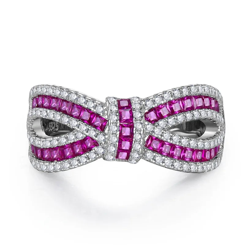 Ins Hot Sale 3D Bow Cz Diamond Ring Red Ruby Corundum Ring 925 Silver Bow Ring