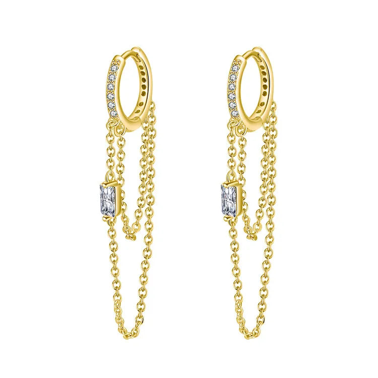 SP S925 Sterling Silver Zircon  Long Tassel Chain With 18k Gold Earrings for Women