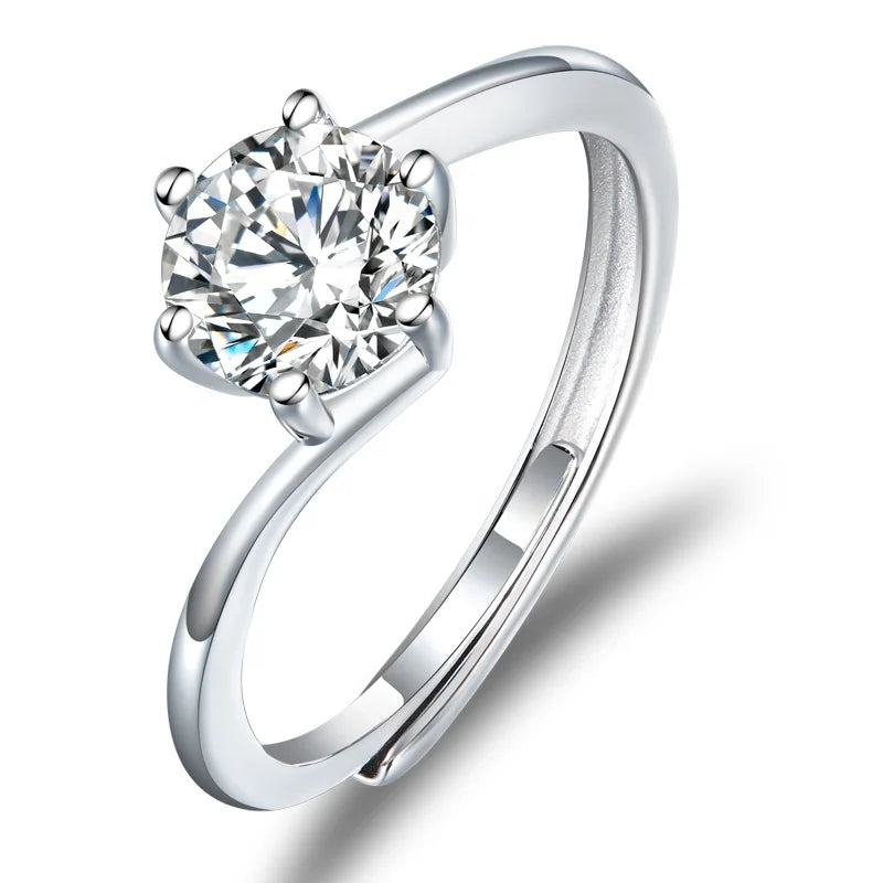 Abiding Classical 6 Prong Moissanite Diamond Wedding Engagement Jewelry Open Finger Ring 925 Sterling Silver Ring