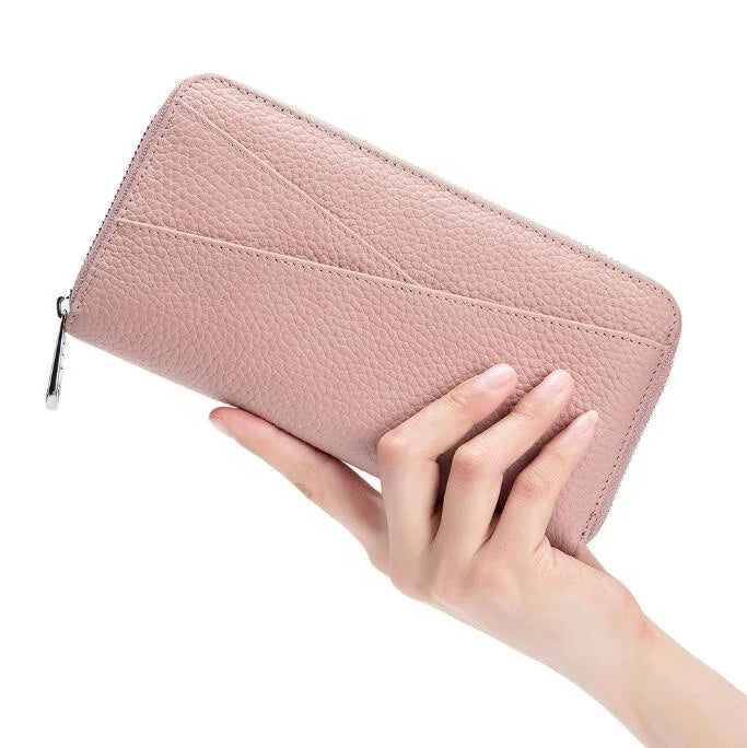 Japan Popular Simple Style Ladies Long Wallet with Round Zipper Genuine Leather RFID Wallets for Women