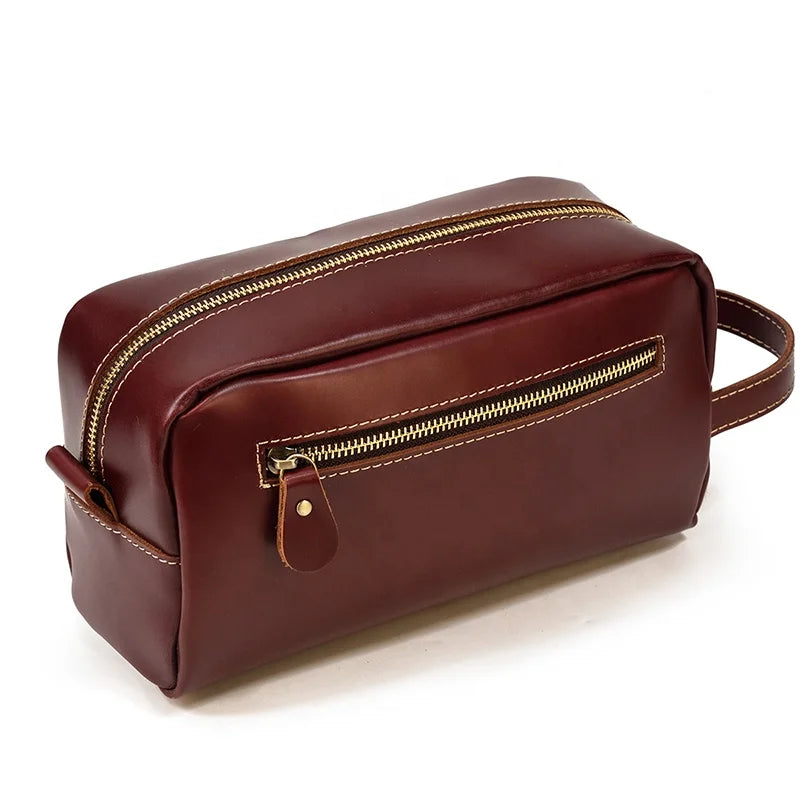 Luxury Wine Red Men Storage Wash Bag Genuine Leather Women Cosmetic Bag for Outdoor