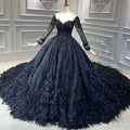 15374# Luxury Black Illusion Long Sleeves Beading Sequins Appliques Lace Wedding Dress Sweep Train Bridal Gown Bridal Dresses