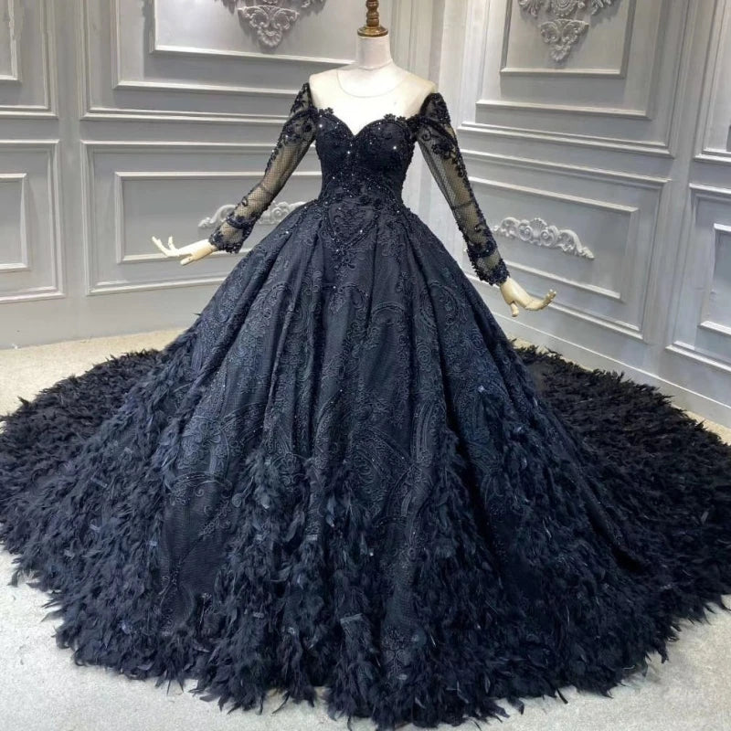 15374# Luxury Black Illusion Long Sleeves Beading Sequins Appliques Lace Wedding Dress Sweep Train Bridal Gown Bridal Dresses