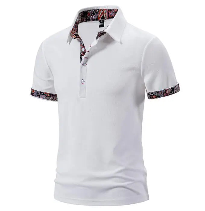 Men's Paisley Print Tops Color Block Lapel Collar Polo T-shirt Fashion Trend Short Sleeved T-shirt