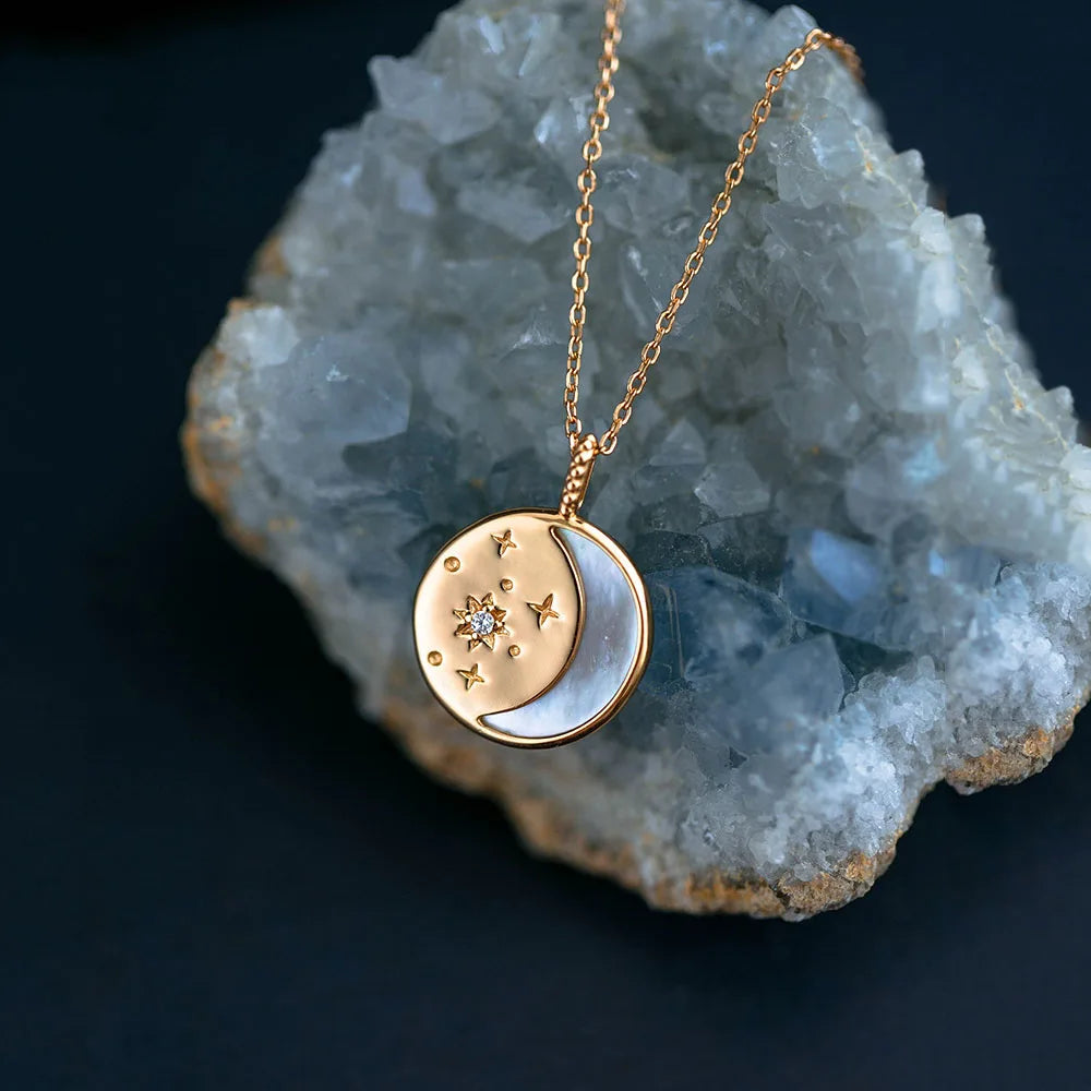 Star Moon Fairy Tale Pure 925 Sterling Silver Zircon Shell Inlaid Round Pendant Necklace for Women Girls Jewelry
