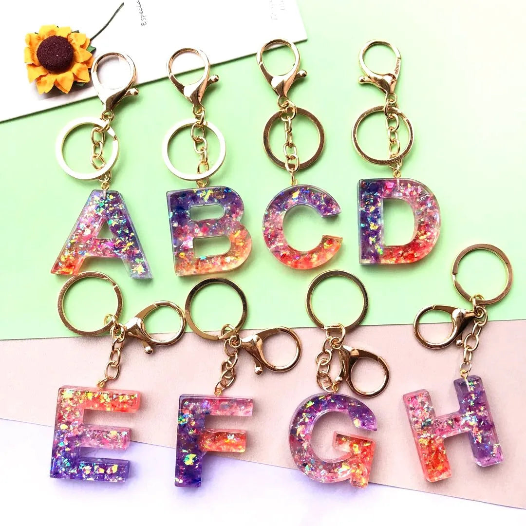 Acrylic Initial English Letter Keychain 26 English Word Glitter Resin Key Chains Letters Handbag Charms for Woman