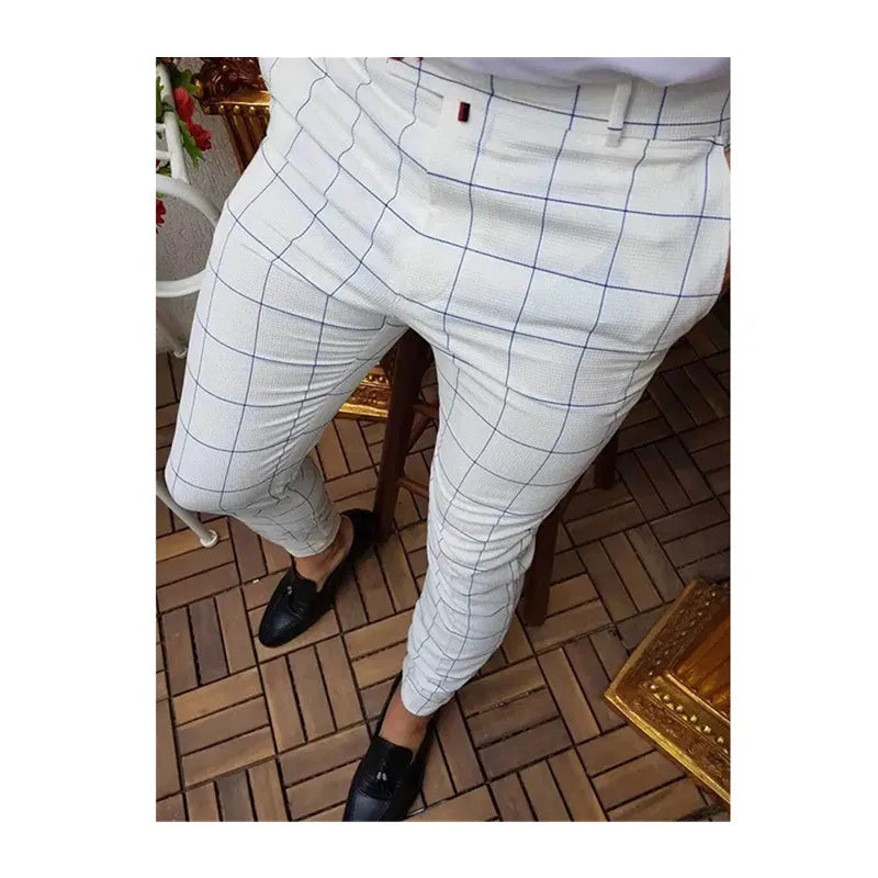Men's Fashion Stretch Dress Pants Plaid Skinny Long Pants Casual Business Dress Pants for Men Pantalones De Hombres