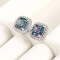 Huitan Bling Bling Jewelry Square Gems Colorful Zircon Stud Earrings Macro Pave Women Girls Beautiful Silver Earring