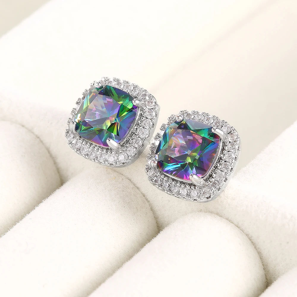 Huitan Bling Bling Jewelry Square Gems Colorful Zircon Stud Earrings Macro Pave Women Girls Beautiful Silver Earring
