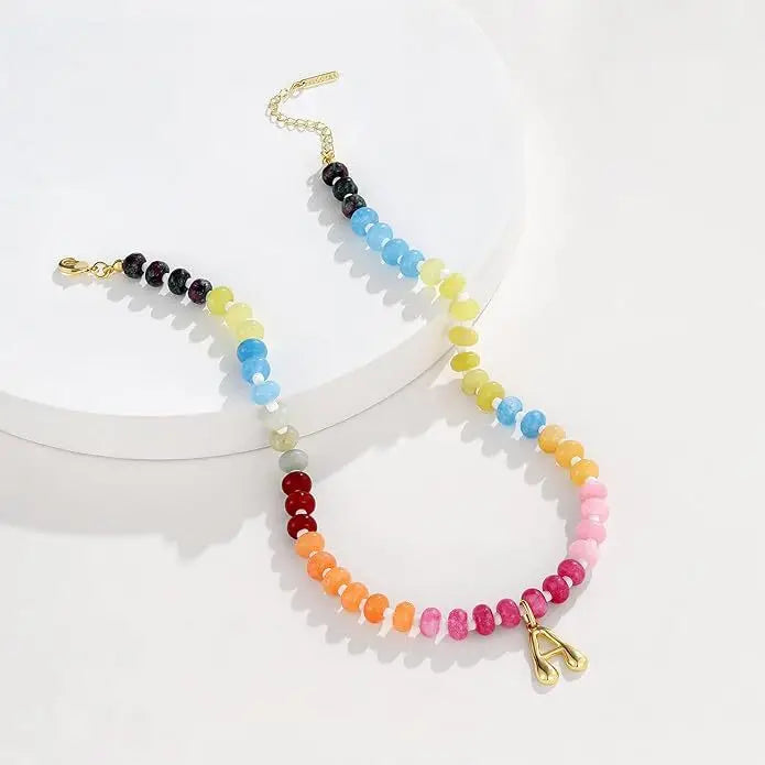 Women's 14K Letter Pendant Necklace Colorful Gem Beaded Initial Charm Necklaces Personalized Letter Pendant Summer Jewelry