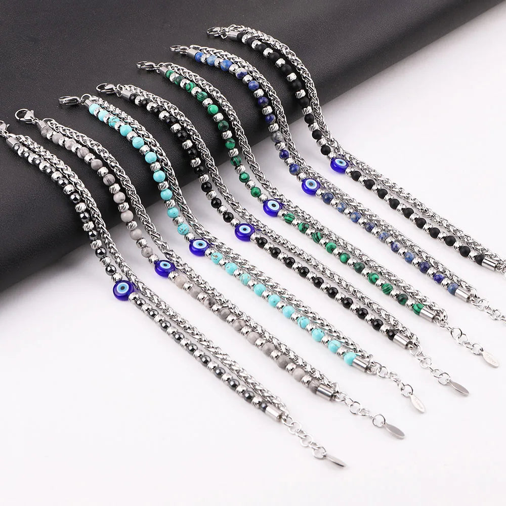 New Design Stainless Steel Chains 4mm Stone Beads Blue Evil Eye Bracelet for Men JBS12592