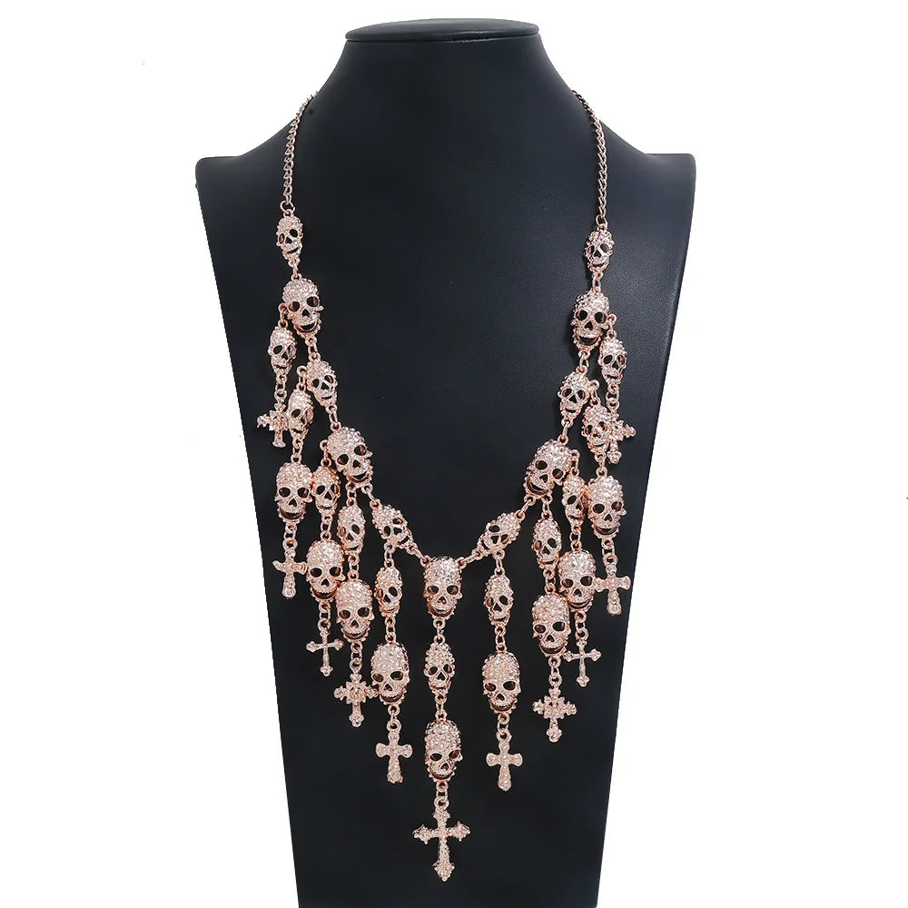 SC Popular Punk Statement Necklace Cool Silver Gold Skeleton Skull Necklace Fashion Tassel Cross Necklace for Girls