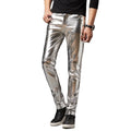 10%OFF M-3XL Silver Shiny Motorcycle PU Leather Pants Mens Skinny Disco Party Trousers Men Stage Prom Singer Costume Pants