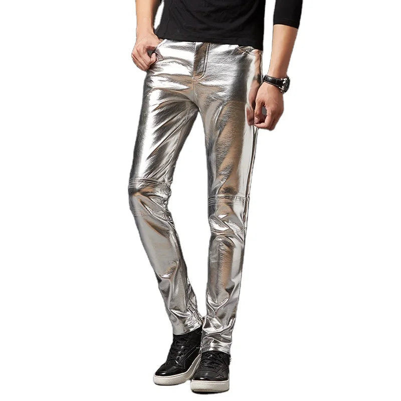 10%OFF M-3XL Silver Shiny Motorcycle PU Leather Pants Mens Skinny Disco Party Trousers Men Stage Prom Singer Costume Pants