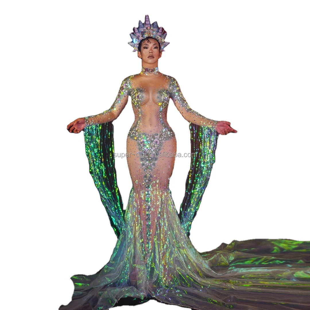 Nude Crystal Tassel Evening Prom Dress Designer Sexy Rhinestone Sequin Party Mermaid Long Dress Women Drag Queen Stage Costume