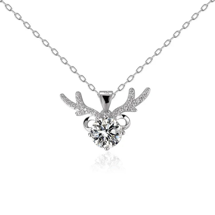 OAHLAN Fashion Luxury Jewelry 2ct Round Cut Moissanite Deer Antler Pendant S925 Sterling Silver Necklace for Women Wedding Gift