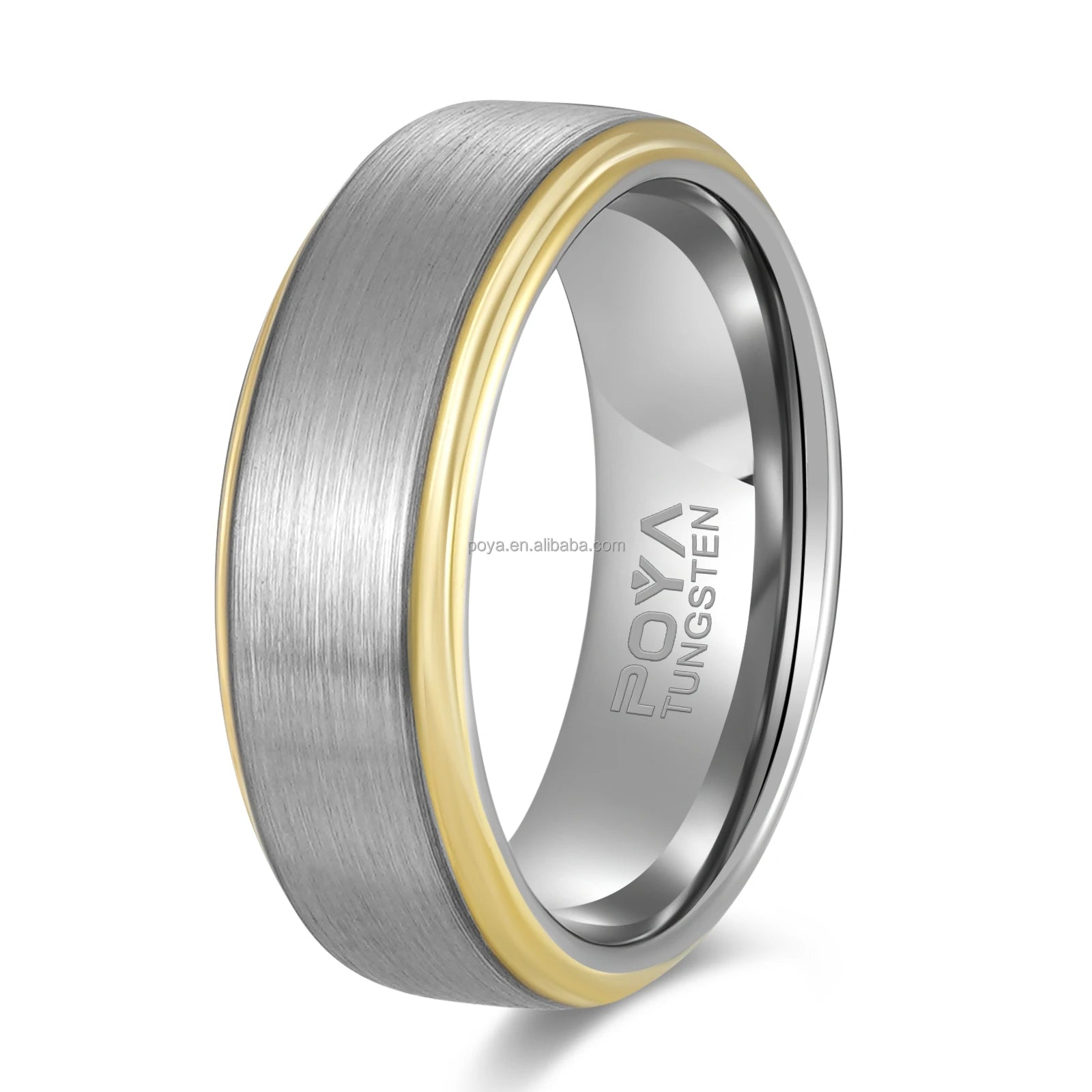 POYA Gold  Plated Silver Tungsten Ring with Stepped Edge for Wedding and Gift Engagement Ring