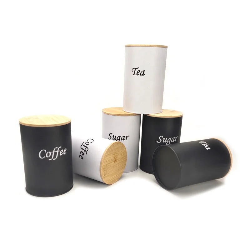 Modern Style Three-Piece Set Bamboo Lid Tinplate Box & Food-Grade Steel Sealed Jar Kitchen Storage Tea Sugar Coffee Snack Candy