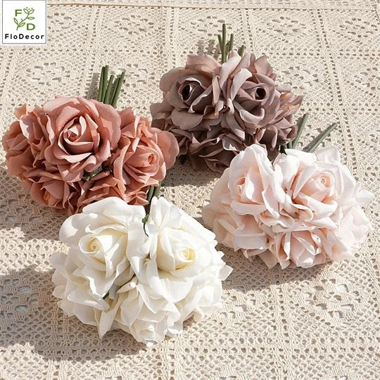 Autumn Morandi Artificial 5 Heads Rose Flowers Bouquet Real Touch Latex Coated Wedding Table Party Birthday Decoration