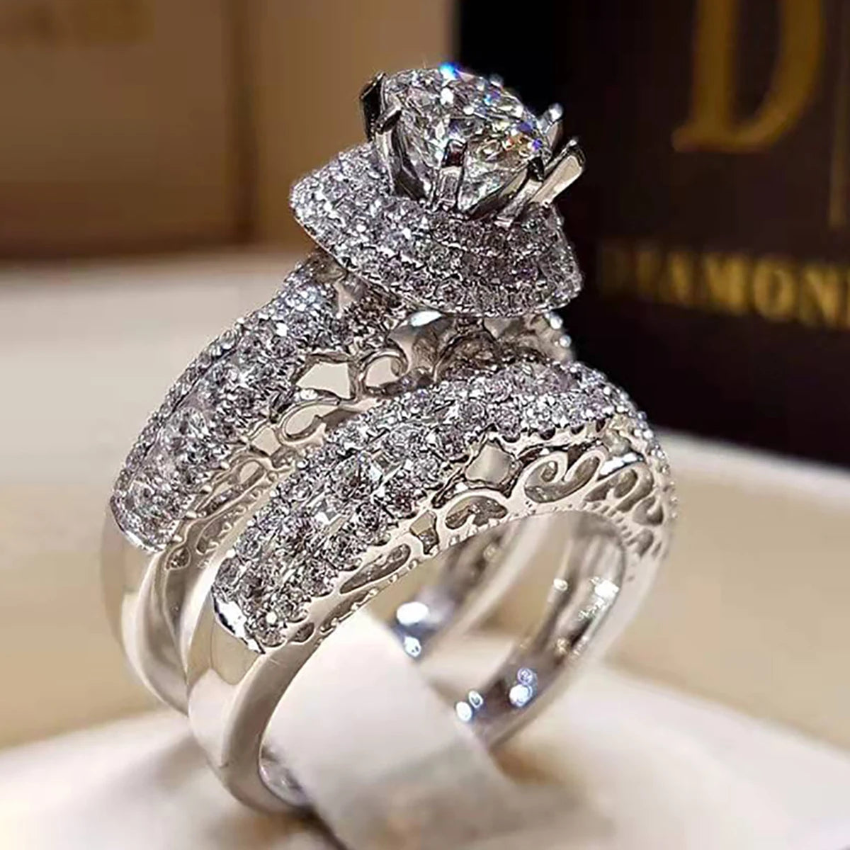 CAOSHI High Quality Dainty Shinty Cubic Zirconia Hollow Design 2Pcs Sets Wedding Rings for Women Engagement Silver Plated Rings