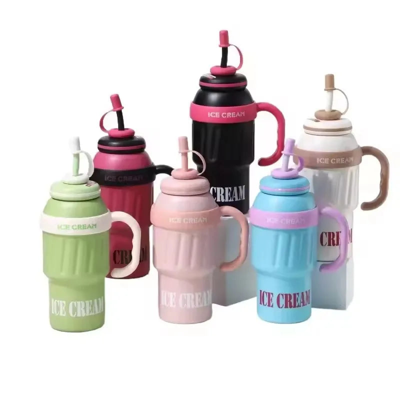 Portable 1000ml Water Insulated Stainless Steel Mug with Handle and Straw High-ValueInsulated Water Bottle Cup