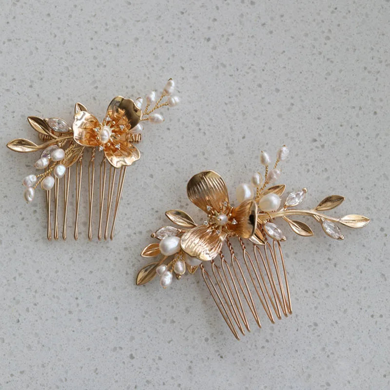 SLBRIDAL Baroque Alloy Flower Leaf Rhinestones Zircon Freshwater Pearls Bridal Hair Comb Wedding Hair Accessories Women Jewelry