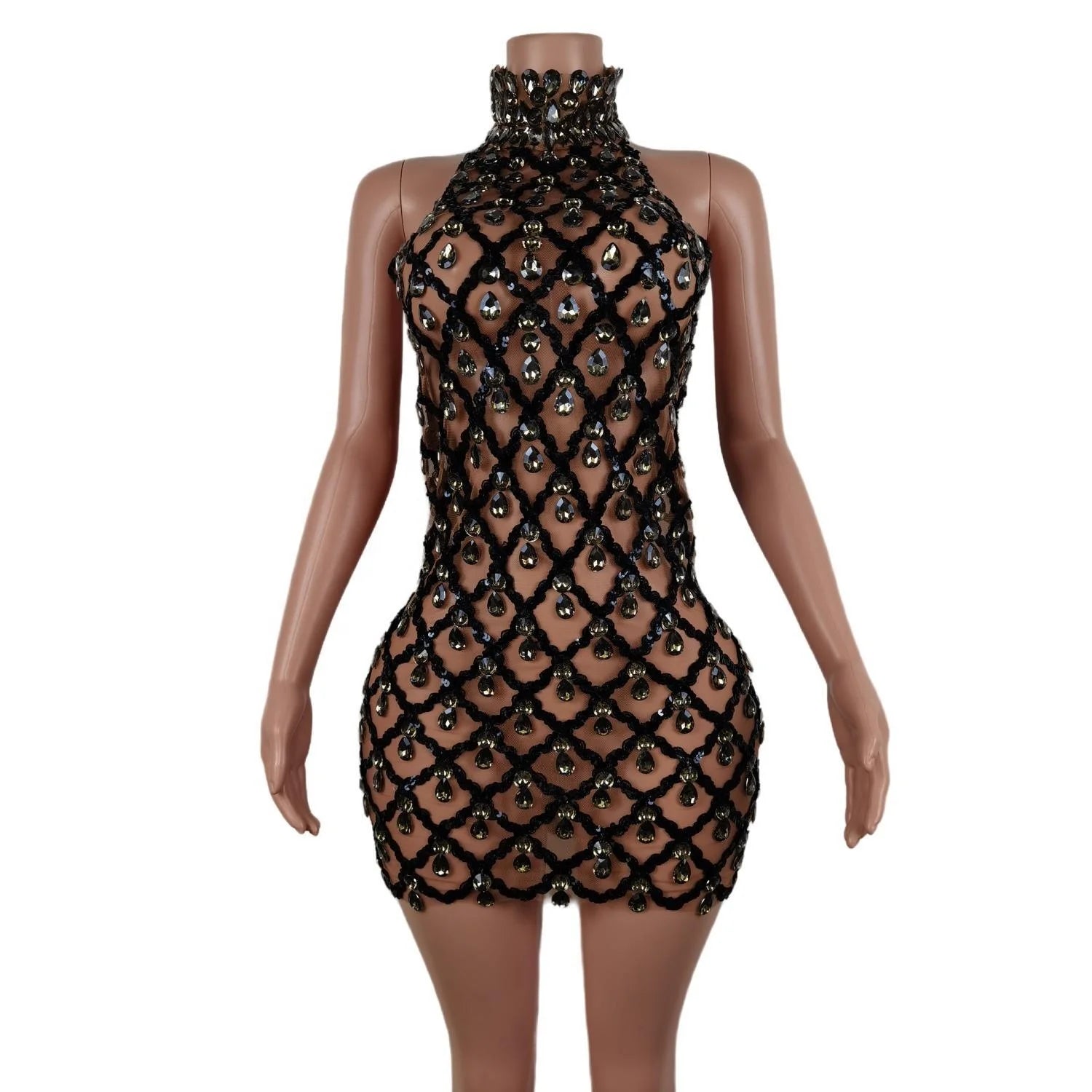 Sexy See Through Rhinestone Sequin Birthday Party Bodycon Dress Photoshoot Backless Mini Club Dress Women Evening Prom Dress