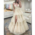15315# Split Front Ruffles Spaghetti Straps Wedding Bridal Ball Gown Birthday Party Dress Plus Size Women Prom Evening Dresses