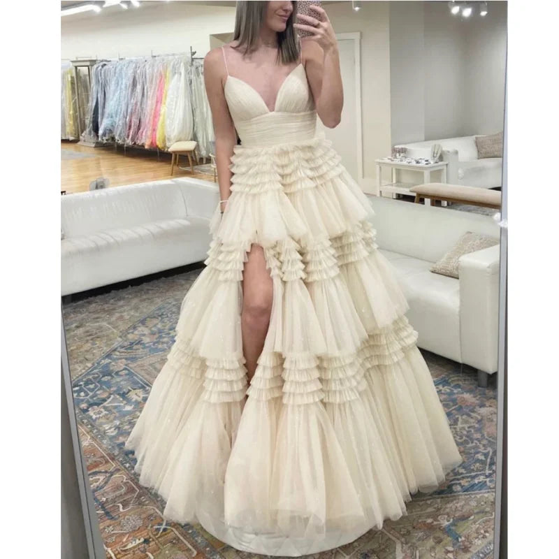 15315# Split Front Ruffles Spaghetti Straps Wedding Bridal Ball Gown Birthday Party Dress Plus Size Women Prom Evening Dresses