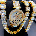 3pcs Iced Watches for Men Women Gold Leopard Watch Sliver Tennis Chains Bracelet Necklace Bling Jewelry Set for WomenWatch Gift