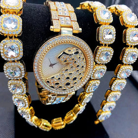 3pcs Iced Watches for Men Women Gold Leopard Watch Sliver Tennis Chains Bracelet Necklace Bling Jewelry Set for WomenWatch Gift