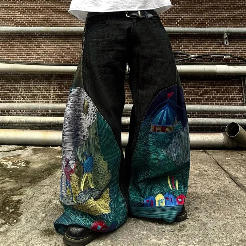 Custom Men's High Waist Baggy Jeans Wide Leg Jeans Pants for Men Streetwear Designer Baggy Denim Jeans Embroidered