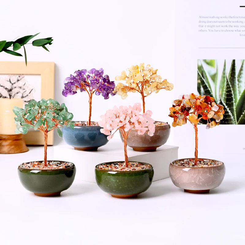 2025 Hot Sale Healing Crystal Quartz Chips Bonsai Money Tree Crystal Ceramic Bowl Base Tree for Fengshui Decoration