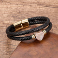 Cowhide Leather Rope Braided Natural Stone Bead Heart Charm Bracelet Double Layer Handmade Woven Leather Stone Bracelet