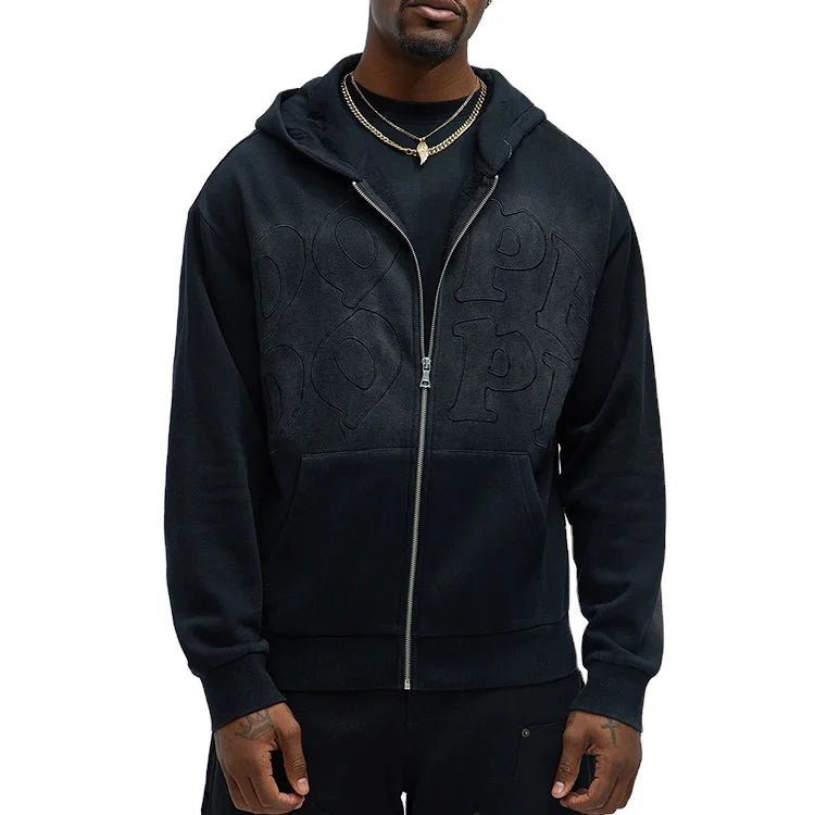 Black Customized Boxy Vintage Wash Embroider Zip Hoodie Plus Size Men Cotton Pullover Hood Sweatshirt
