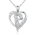 Isunni Jewelry S925 Sterling Silver Rhodium Plated Girl and Dog Pattern CZ Diamond Heart Shape Pendant Necklace