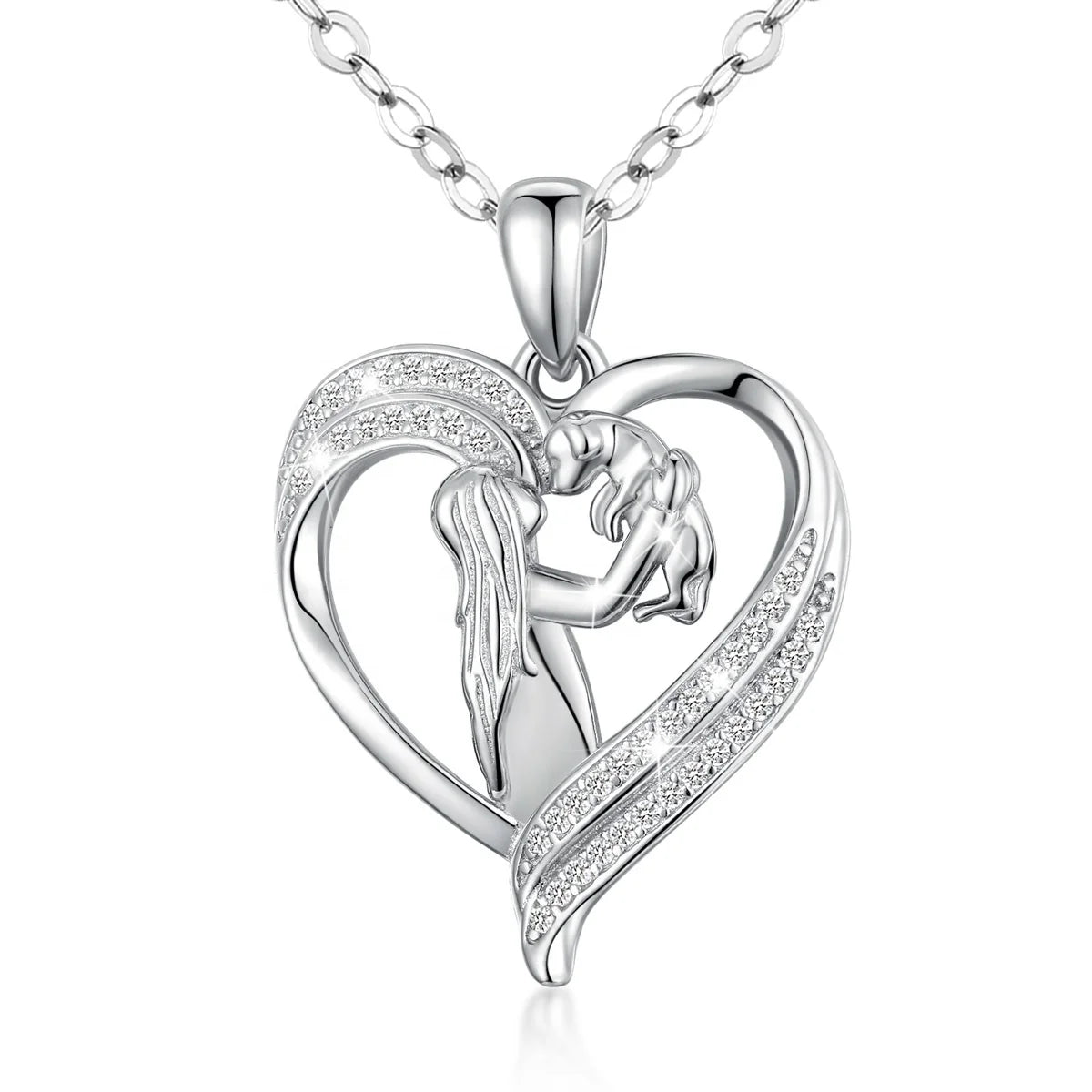 Isunni Jewelry S925 Sterling Silver Rhodium Plated Girl and Dog Pattern CZ Diamond Heart Shape Pendant Necklace