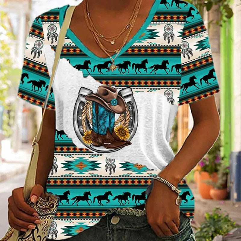 Women's Western Cowgirl Aztec Print T-Shirt V Neck Short Sleeve Casual Vintage Horse Graphic Daily Wear Tee Tops