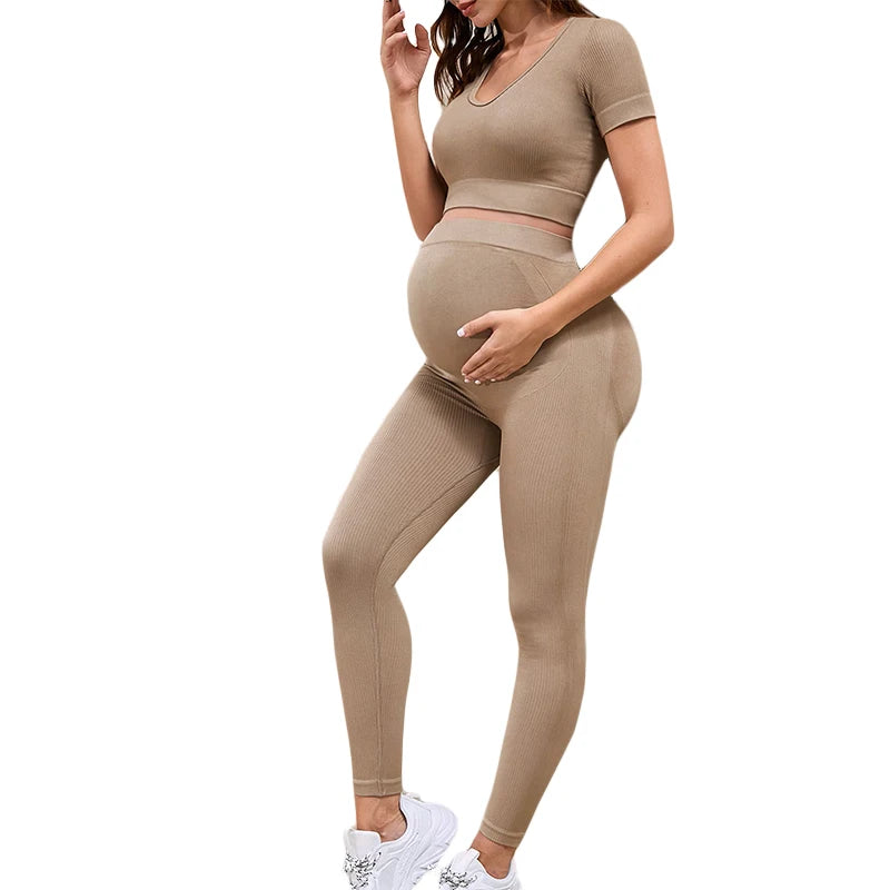 FLW Women's Breathable Solid Pattern Yoga Set Maternity Short Sleeve Top Elastic Waist Leggings 2 Piece Yoga Outfit MOQ 2pcs