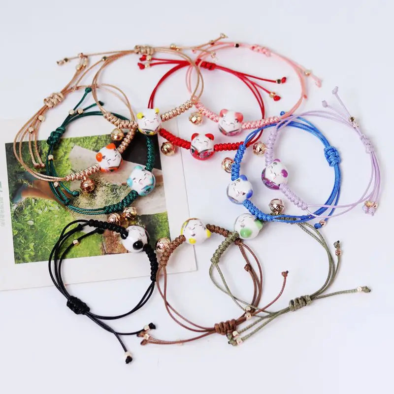 Cute Lucky Cat Adjustable Kawaii Feng Shui Lucky Bracelet Ceramic Bead Bracelet with Bell for Women Girl