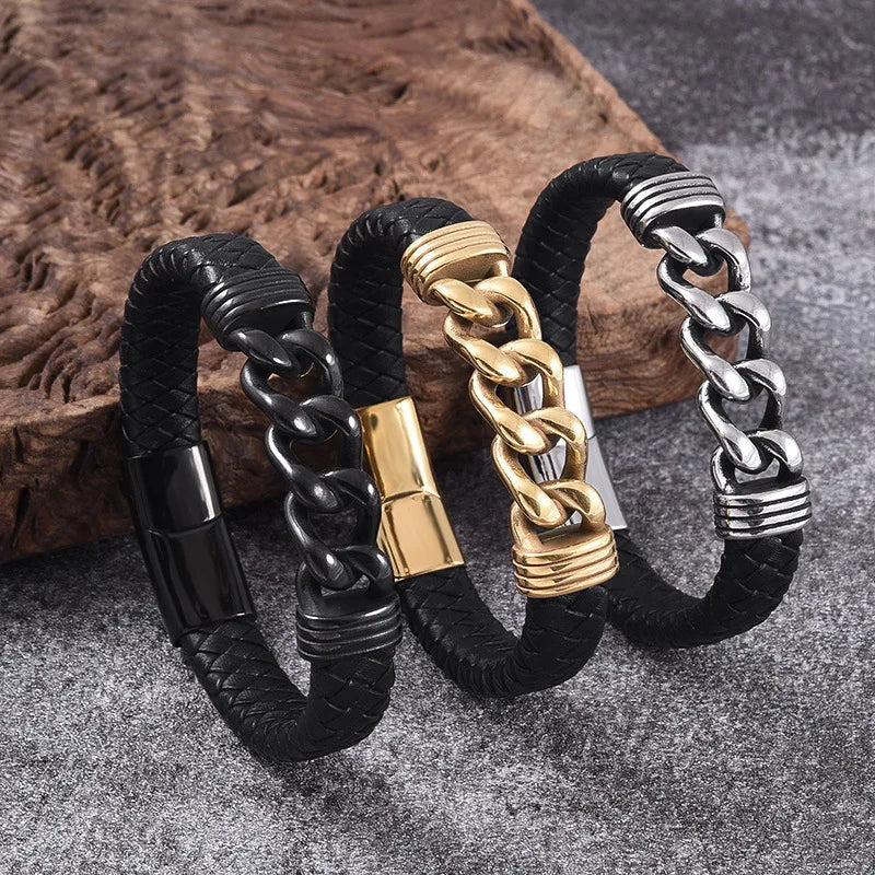 Fashionable Stainless Steel Magnetic Clasp Leather Bracelet Bangle Vintage Braided Genuine Leather Bracelet OT-181